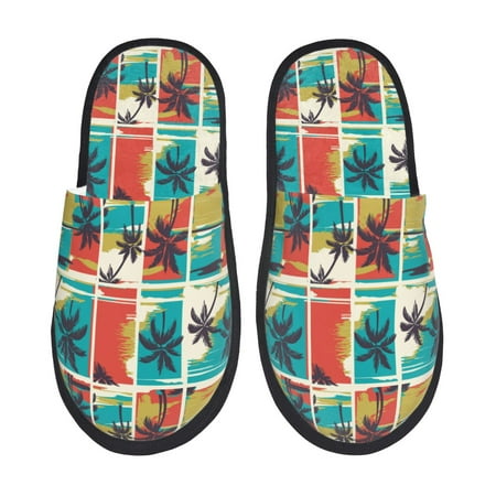 Balery Colorful Hawaii Palms Slient Indoor Furry Fleece Comfort House Shoes Soft Non-Slip Home Shoes Cotton slippers House Slippers-- Medium