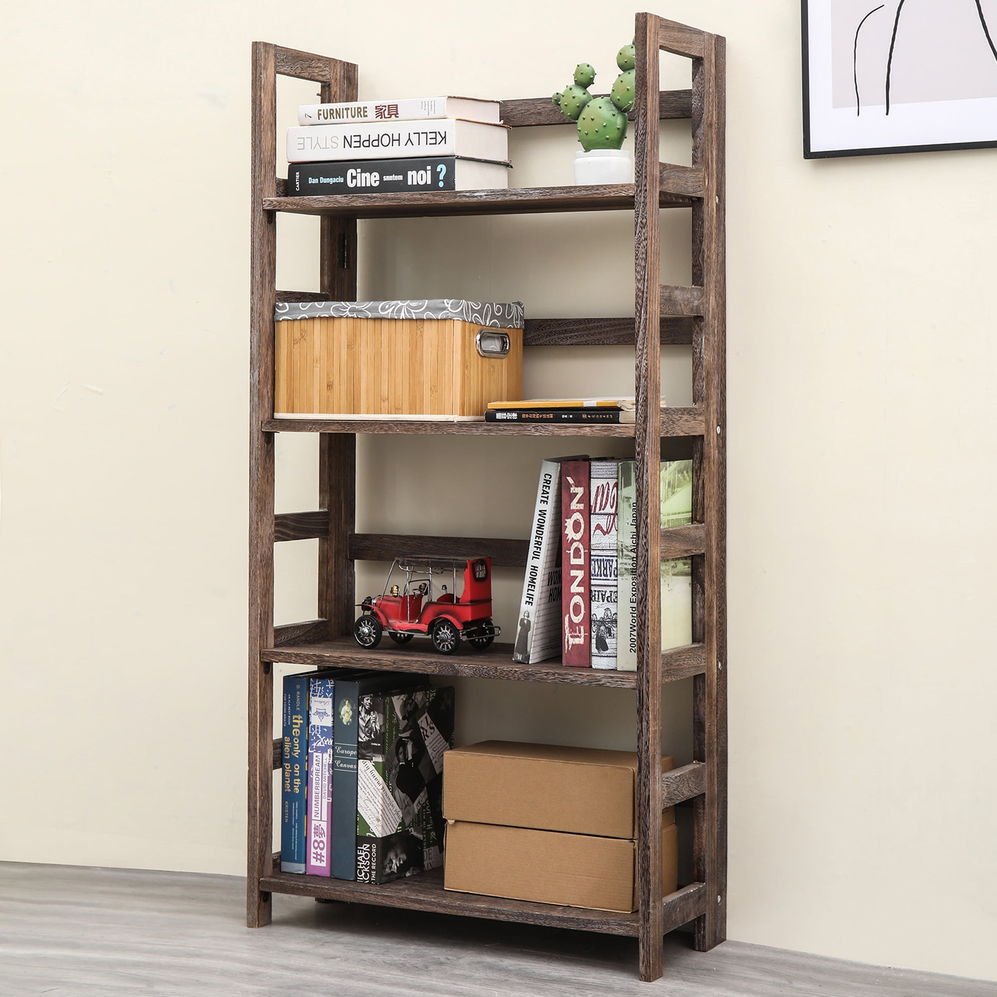 Proman Product Hickory 4 Layers Folding Bookshelf, Paulownia Wood, Walnut Color
