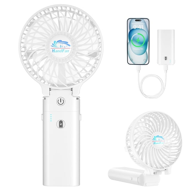 HandFan Ventilador portátil de mano, ventilador de mano 2 en 1, funciona con batería recargable de 5200 mAh, ventilador de maquillaje plegable personal, ventilador de refrigeración portátil para viaje