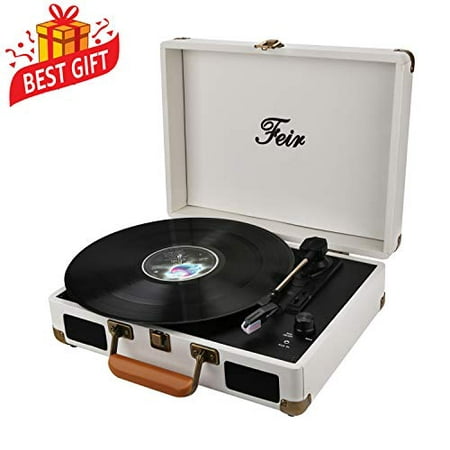 Vinyl Stereo White Record Player 3 Speed Portable Turntable Suitcase Built in 2 Speakers RCA Line Out AUX Headphone Jack PC (Best Portable Record Player With Speakers)