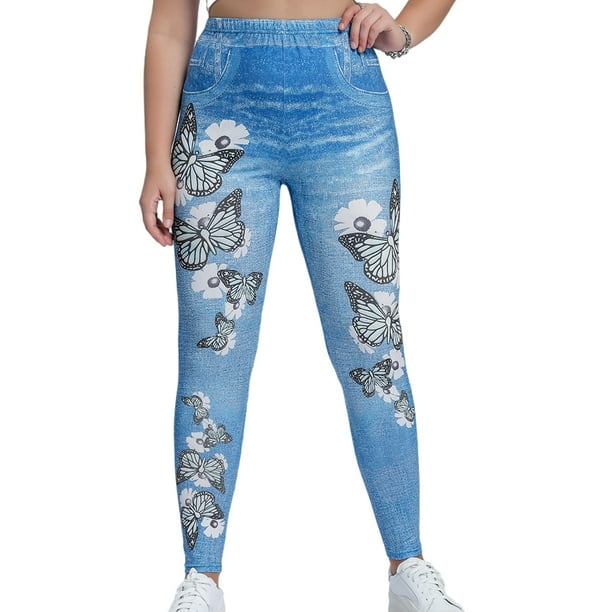 Bellella Women Oversized Faux Denim Pant High Waist Fake Jeans Look Print  Plus Size Leggings Slim Fit Tummy Control Bottoms Yoga Jeggings F00111 1XL