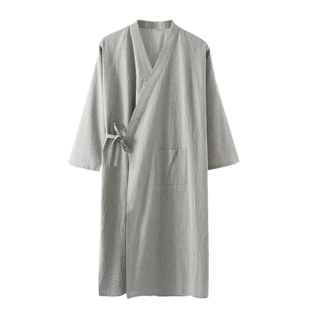 Men's Sleep Robe with V-neck, Long Sleeves, Front Pocket, and Adjustable Waist Strap for Men, Lightweight Breathable Polyester, Solid Color, Home Use