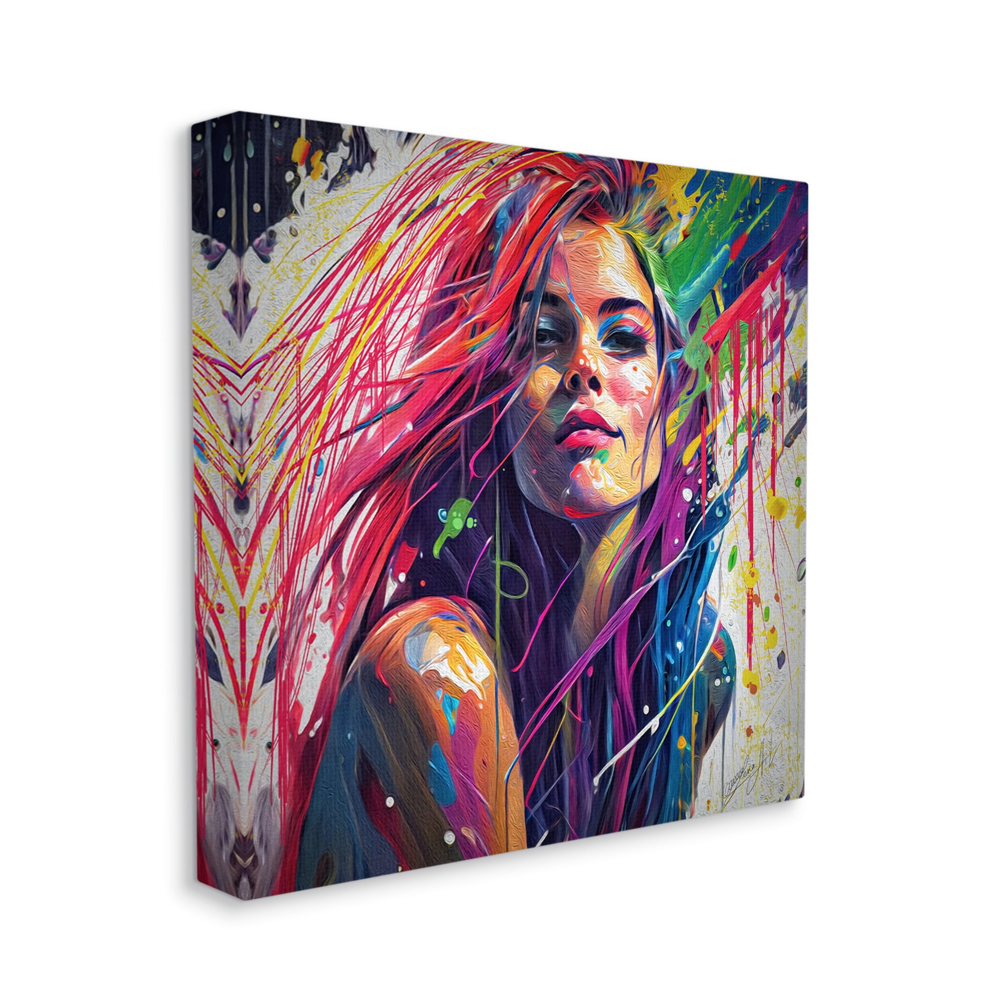 Stupell Industries Modern Girl with Paint Splatter Abstract Painting Gallery Wrapped Canvas Print Wall Art, 24 x 24
