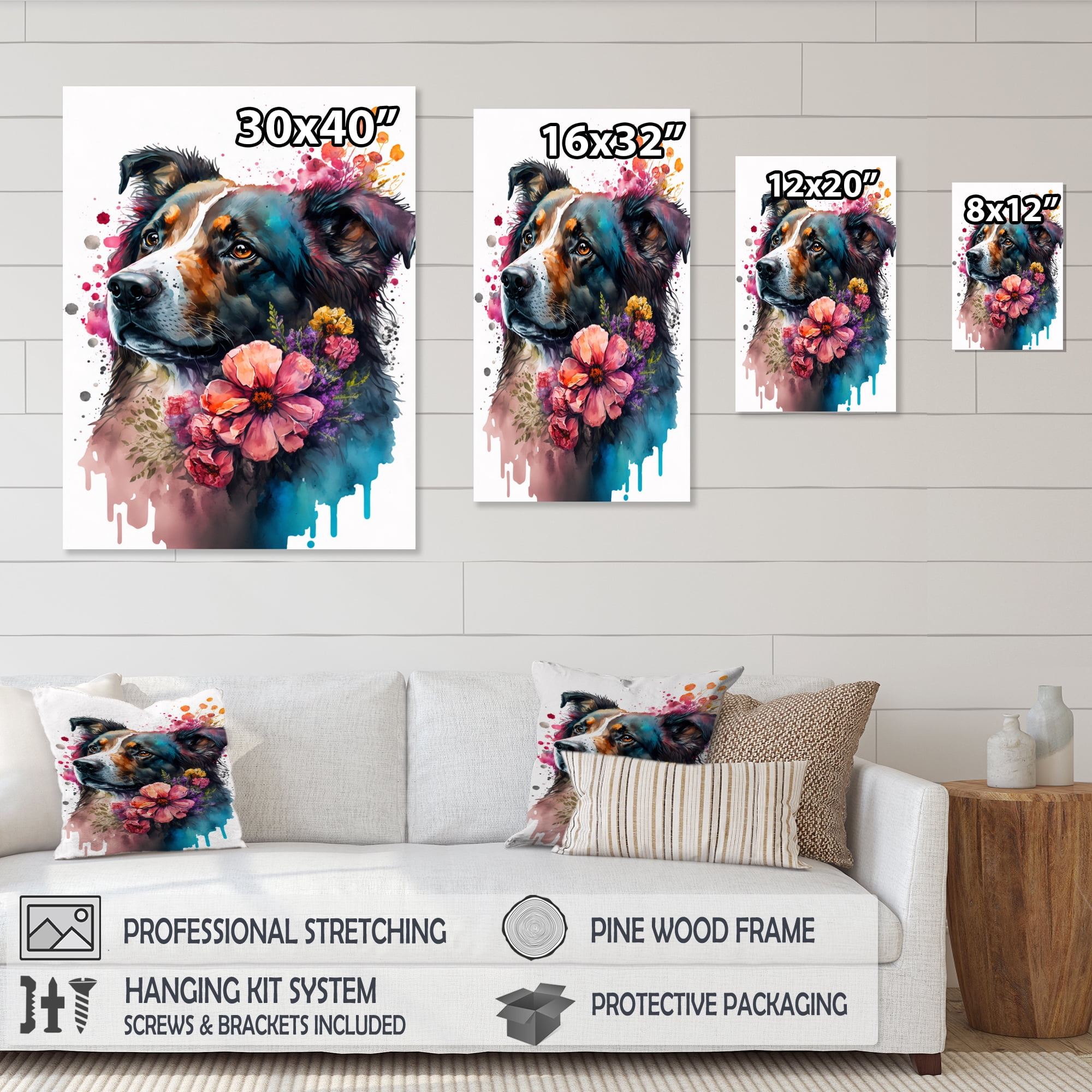 Designart Cute Dog Floral Art II Canvas Wall Art