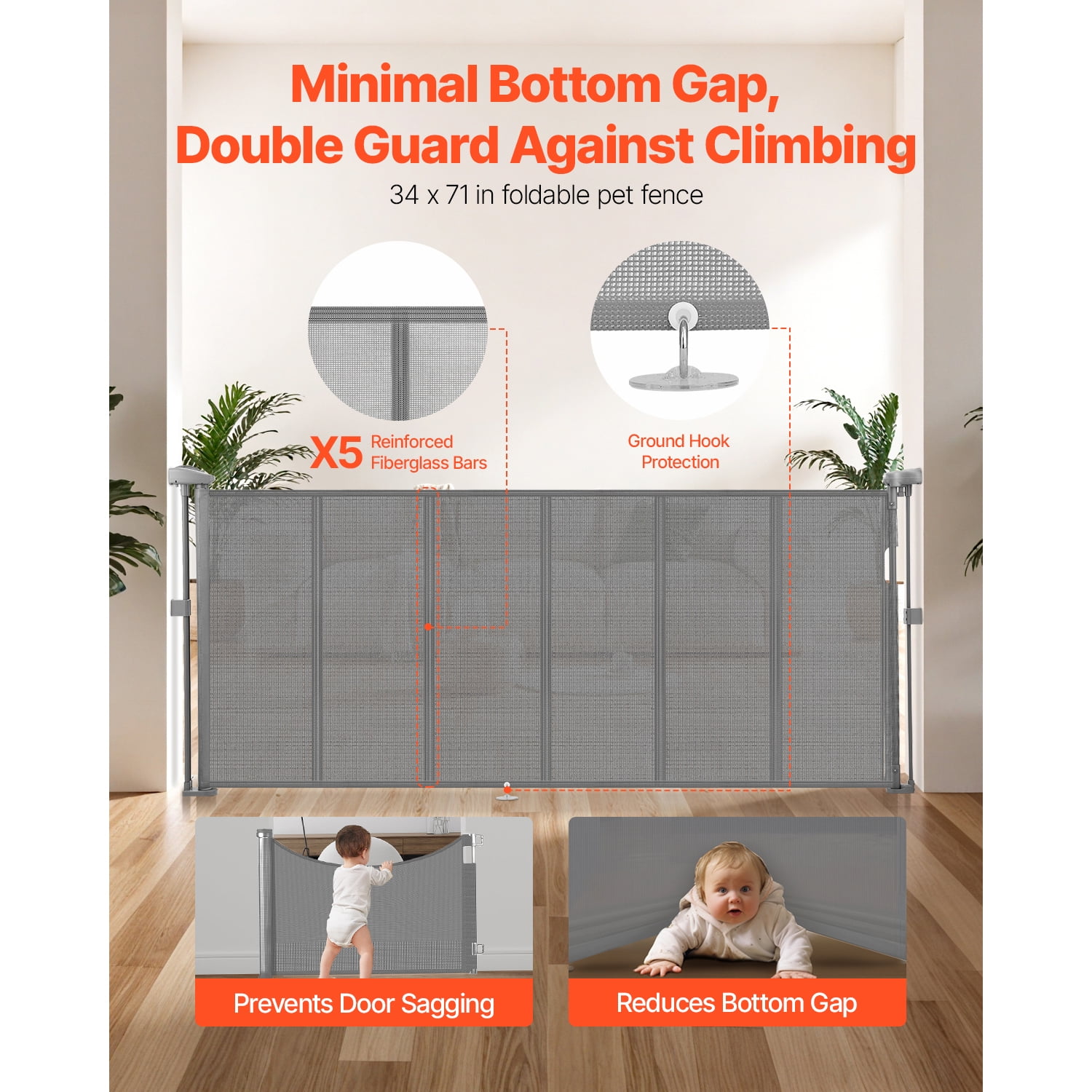 KFFKFF Retractable Baby Gate, 34-Inch Height, Expands Up to 71 Inches Wide, Mesh Barrier for Children or Pets, Simple Installation for Indoor Stairs, Doorways, Hallways, and Play Areas, Gray