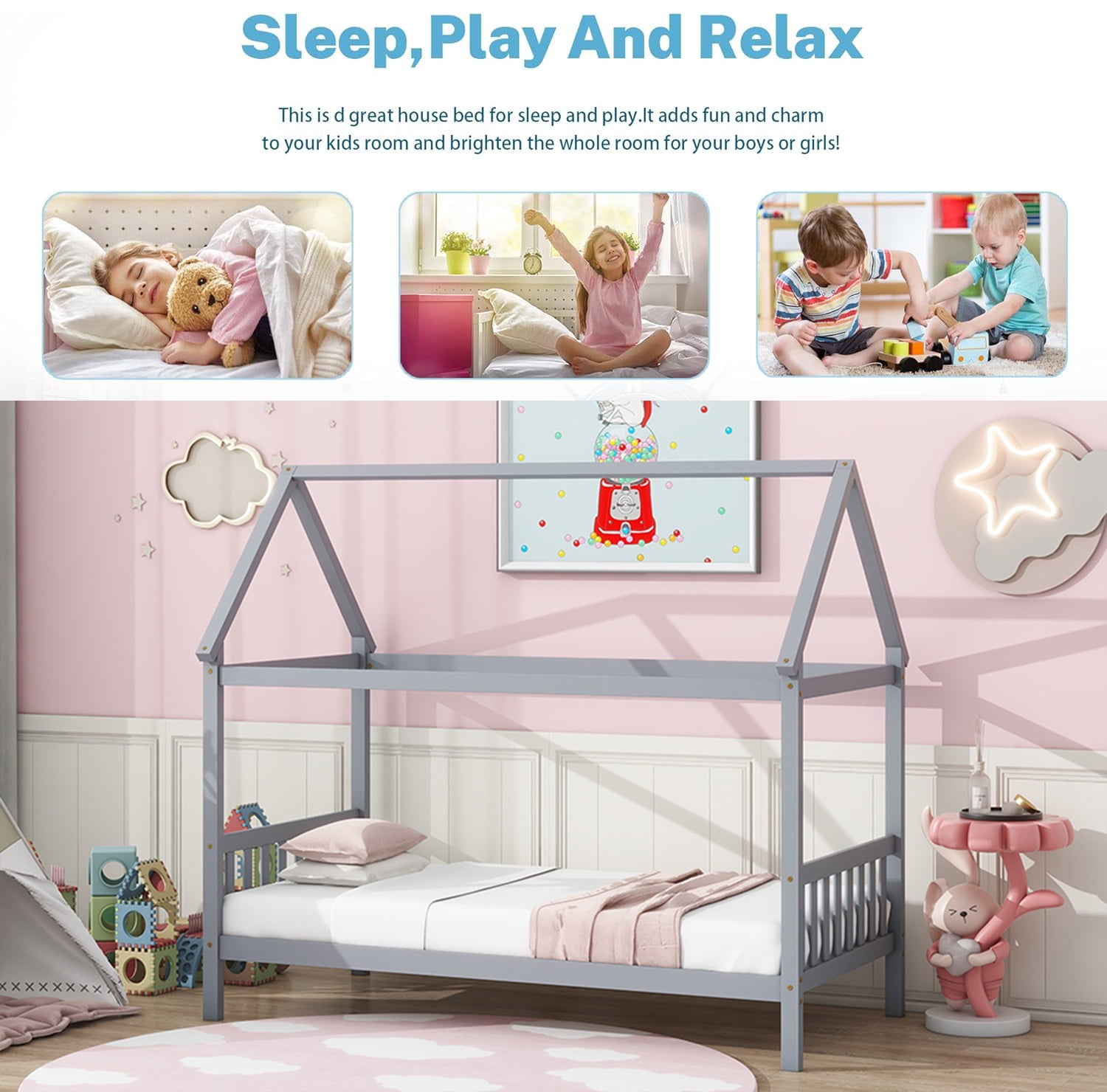 Bellemave Twin House Bed with Headboard and Footboard Sturdy Rubber Wood Platform Bed Frame, Montessori House Bed, No Box Spring Needed (Twin, Gray)