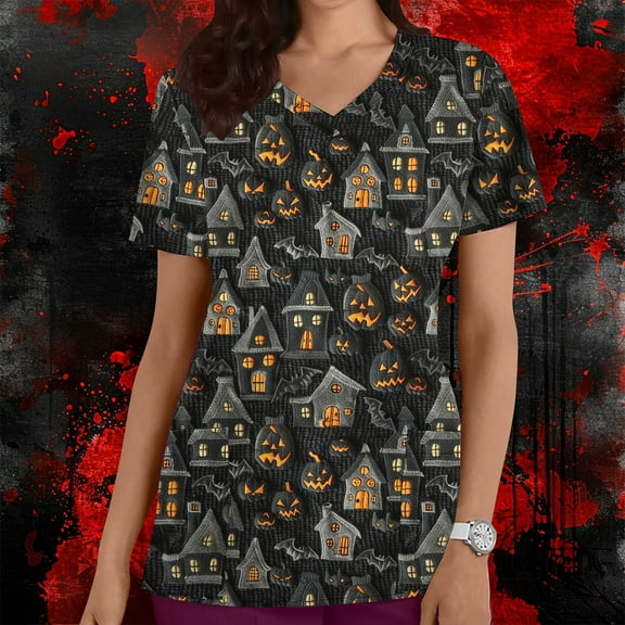 VKOYWKM Scrub Tops Women Short Sleeve V Neck Nursing Scrubs Halloween Print Working Uniforms Nurse Gift Holiday Tops with Pockets