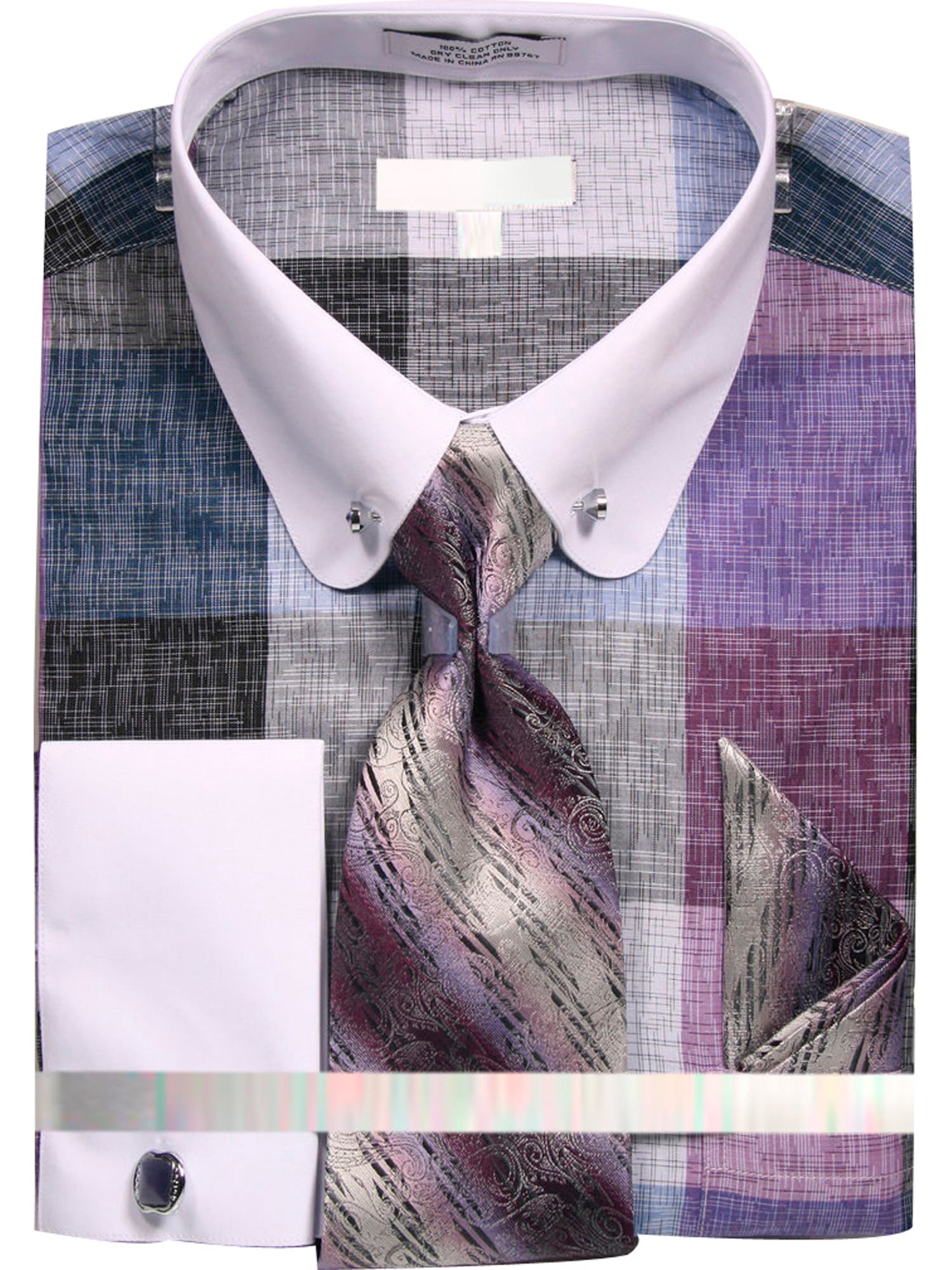 Men's Dress Shirt with Tie Handkerchief Cufflinks and Collar Bar with Stone 