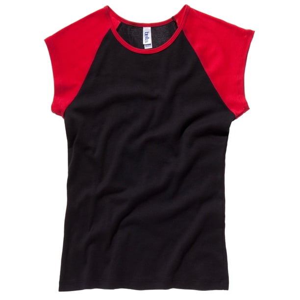 B&C Camiseta de manga corta en canalé fino con mangas de diferente color chica/mujer (Negro/Rojo)