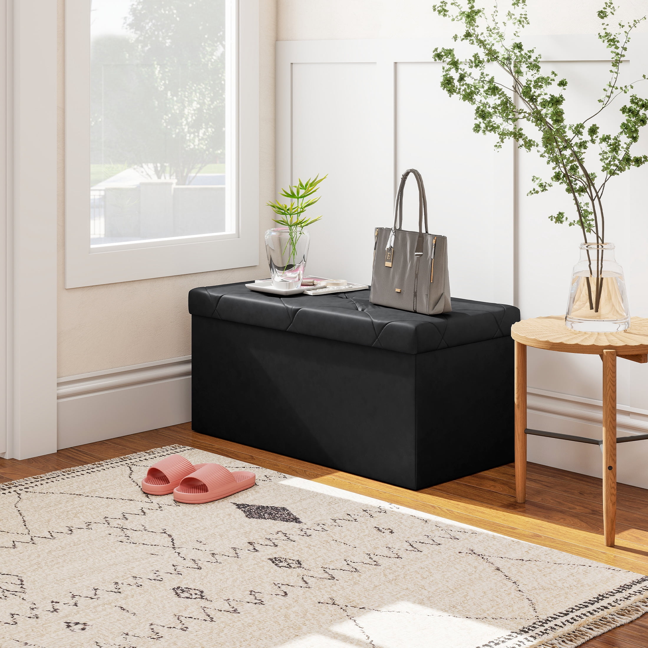 EDX 30" PVC Ottoman Bench, Folable Storage Bench for Bedroom, 29Gal Capacity, Ottoman Foot Rest Bench for Livingroom, Entryway, Black