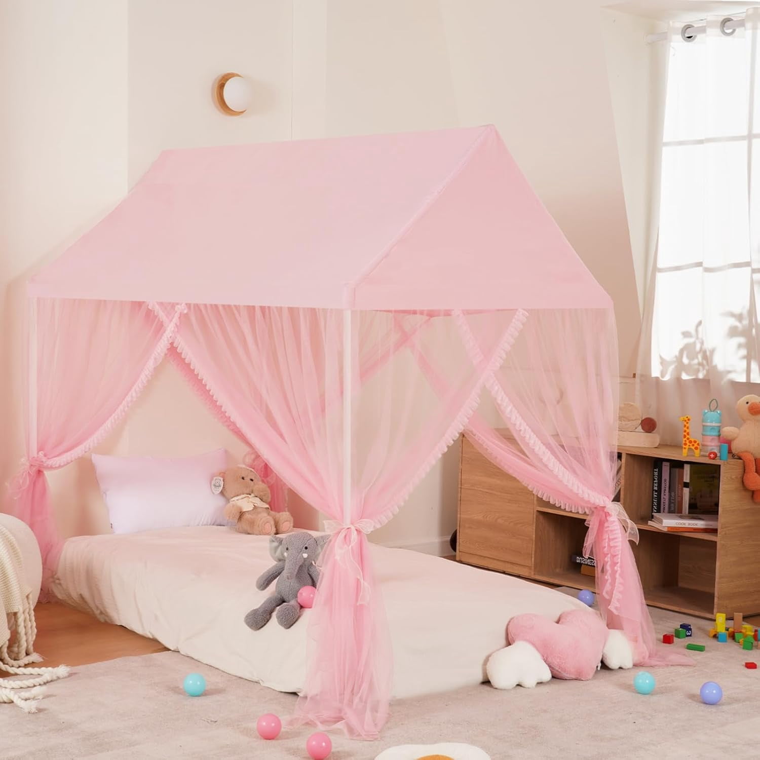 Princess Bed Canopy for Girls - Pink Bed Canopy Princess Castle Dreamy Playhouse Mosquito Net Reading Nook Canopies Play Tent Canopy Bed Curtains for Kids Room(Twin,Full)