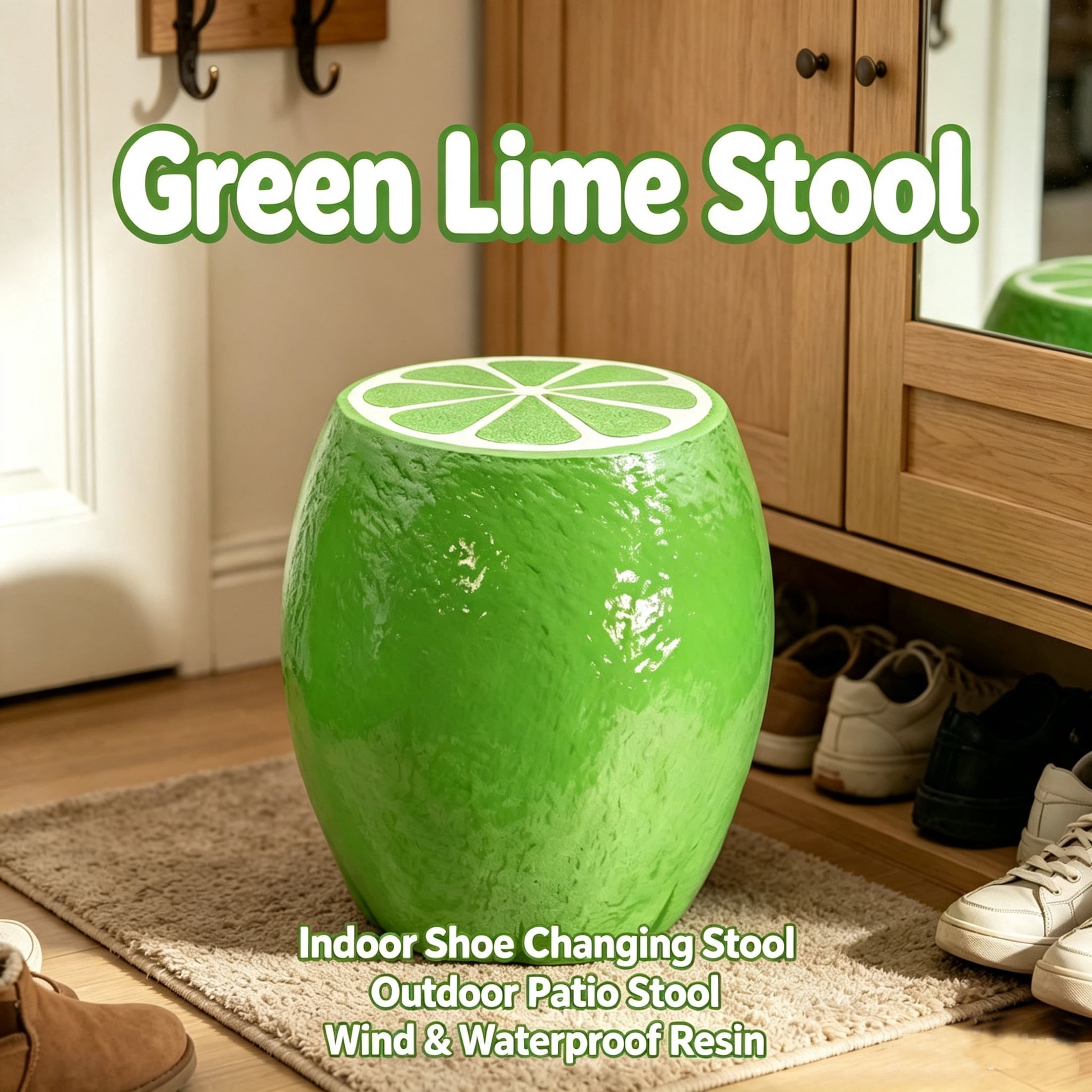 Noble House Lime Fruit Stool, Cute Fairy Decorative Statue, Outdoor Creative Figurine Seat for Patio, Garden, Green
