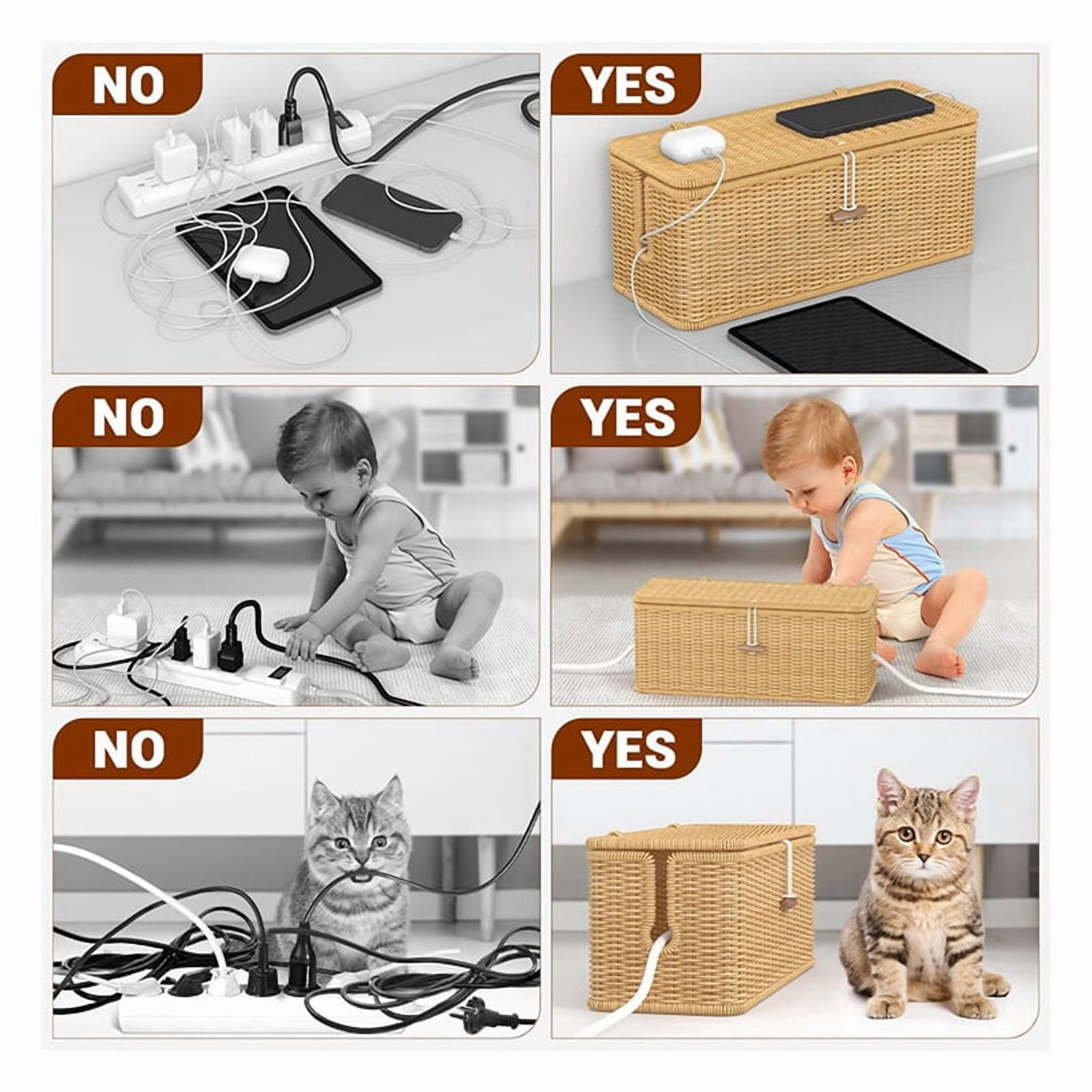 Cable Management Box, Power Strip Organizer with Locked Cover,Handmade Rattan Cable Organizer Cords Hider,Cord Organizer