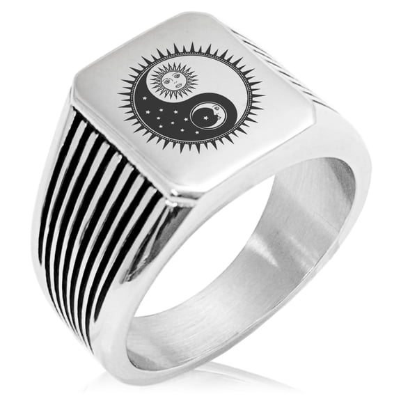 Stainless Steel Sun & Moon Yin Yang Needle Stripe Pattern Biker Style Polished Ring