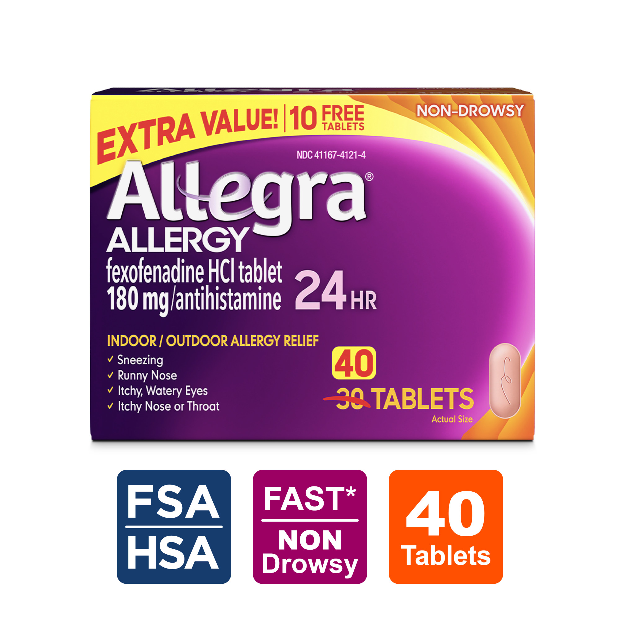 Allegra Adult 24-Hour Allergy Relief Tablets, Non-Drowsy Indoor and Outdoor Allergy Medicine, 180 mg Fexofenadine HCI Antihistamine Pill, 40-Count