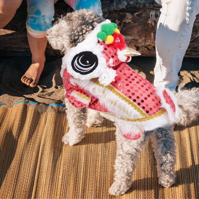 OULII Costume de Lion Dansant pour Chien en Polyester Rouge Melon D\'eau pour Fête Festive