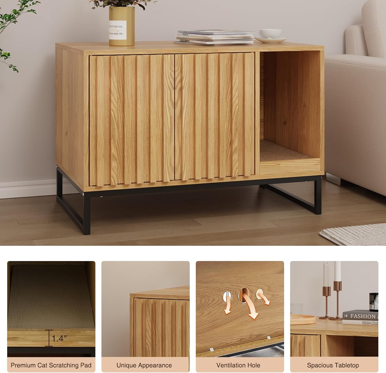 Vabches Hidden Cat Litter Box Enclosure Furniture, Multi-Functional Cat Washroom Bench with Cat Scratching Pad and Fluted Doors