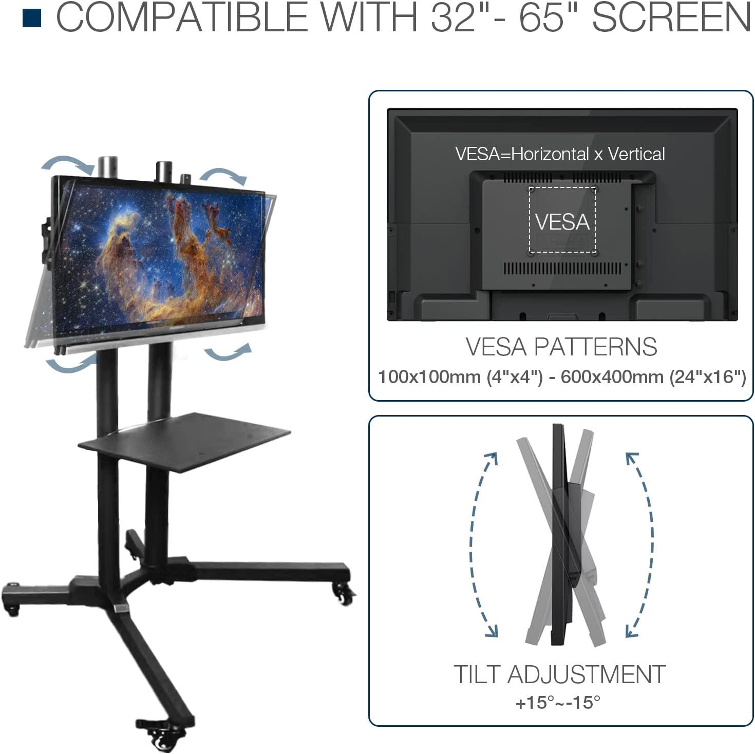 DAWOT Mobile TV Stand on Wheels for 32-65 Inch LCD LED Flat Panel Curved Screen TV Movable Portable Rolling Floor TV Stand