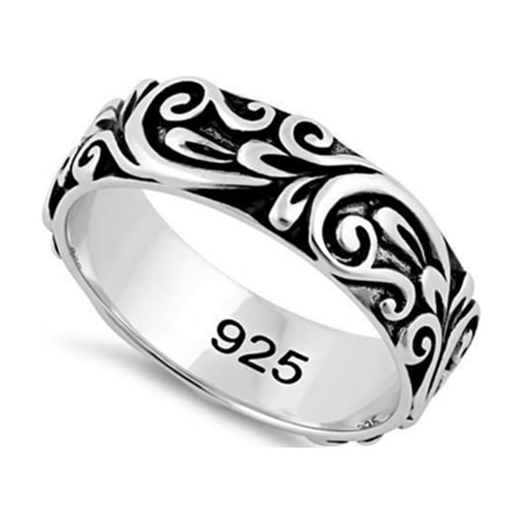 Vintage 925 Sterling Silver Oxidized Platinum Plated Floral Band Women Valentines Day Gifts Ring