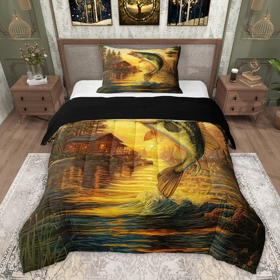 jejeloiu Pike Fish Twin Comforter Sets,Rustic Fishing Hunting Bedding Set For Boys Kids Reversible 2 Pieces