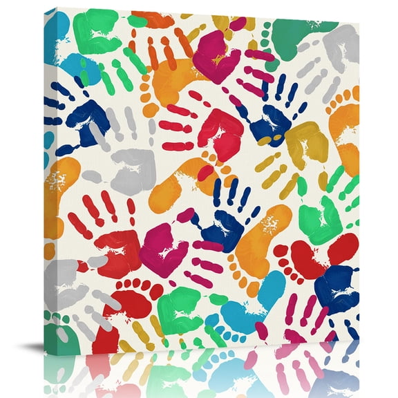 Wall Art Prints, Colorful Handprints Framed Canvas Prints for Bedroom Living Room Bathroom Office, Rainbow Abstract Hand Foot Prints Gallery Wrap Wall Art Poster for Gifts Home Decor 20"x20"