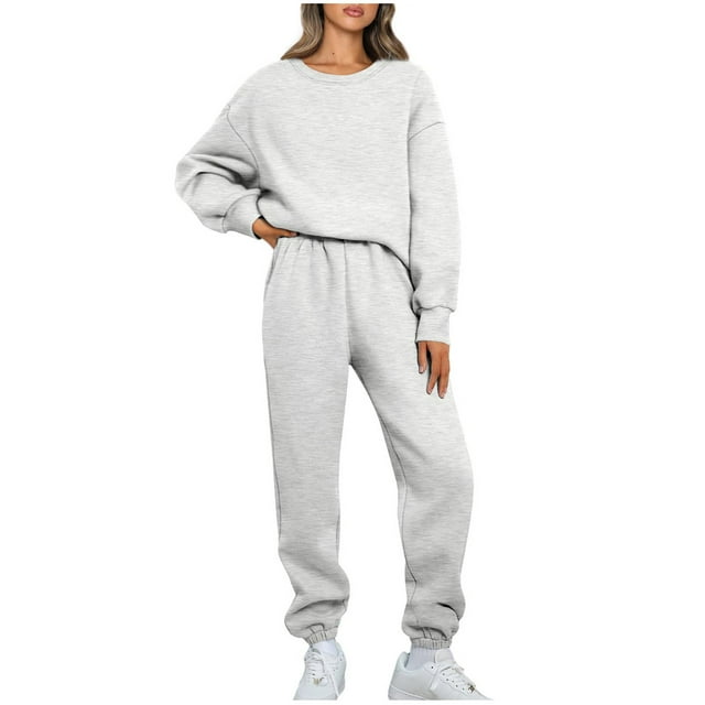 Pisexur Ensemble Pantalon 2 Pcs Mode Décontractée Ensemble de Survêtement Uni pour Femmes Chandails à Manches Longues à Col Rond Hauts à Enfiler Pantalons Longs Élastiques Survêtements Ensembles de Détente P-3TG