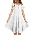 thumbnail image 2 of vokkrv Girl's Dresses Cotton Ruffle Sleeve Tiered Swing A-Line Cute Midi Casual Sundress White 7-8 Years, 2 of 7