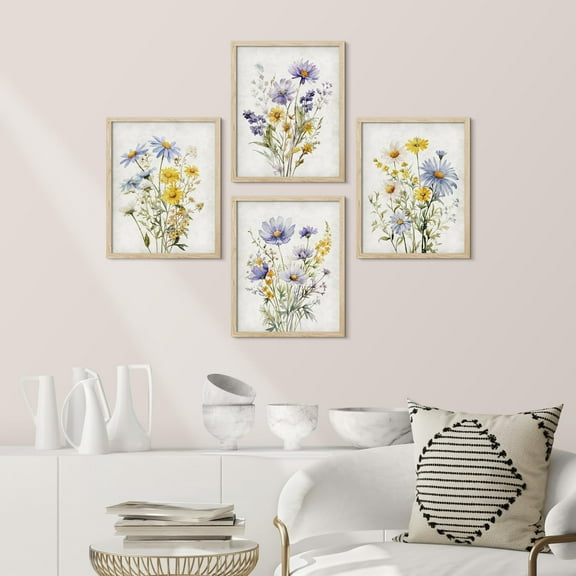 PixonSign Framed Wall Art Multcolor Wildflowers Collage Posters, Set of 4 Classic Vintage Countryside Floral Canvas Prints, Retro Nature Botanical Prints Wall Décor for Home Decor - 11"x14" Natural