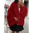 thumbnail image 4 of Women'S Winter Button Down Cardigan Sweaters Mock Neck Lantern Long Sleeve Chunky Knit Jacket Outerwear Red M, 4 of 9