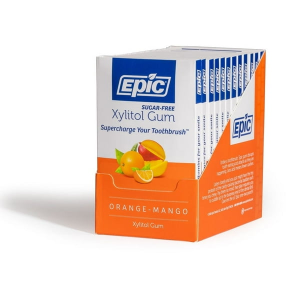 Epic Xylitol Chewing Gum - Sugar Free & Aspartame Free Chewing Gum Sweetened w/Xylitol for Dry Mouth & Gum Health (Orange-Mango, 12-Piece Pack, 12 Packs)