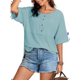 thumbnail image 2 of Women Waffle Knit Tops 2025 Fashion 3/4 Sleeve Crew Neck Oversized Patchwork Blouses Light Blue XL, 2 of 6