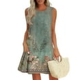 thumbnail image 2 of Womens Summer Dress with Pockets Floral Print Sleeveless Loose Crew Neck Tank Short Dress Pleated Swing Sundress (M, Army Green), 2 of 7