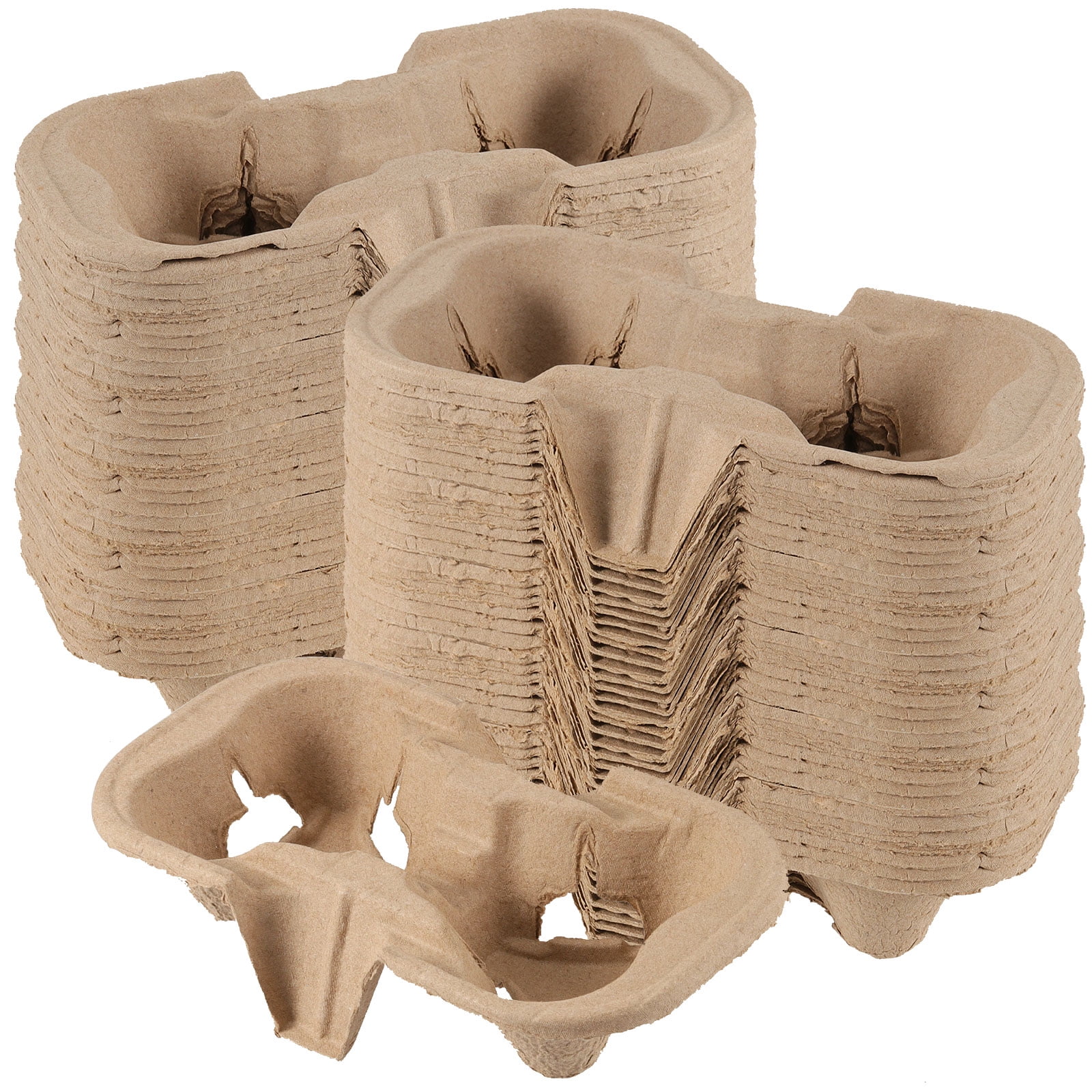 KINJOEK 2 Cup Disposable Drink Carrier Tray, Pulp Fiber Drink Carrier Takeaway Coffee Cup Holder Brown 100 Pack