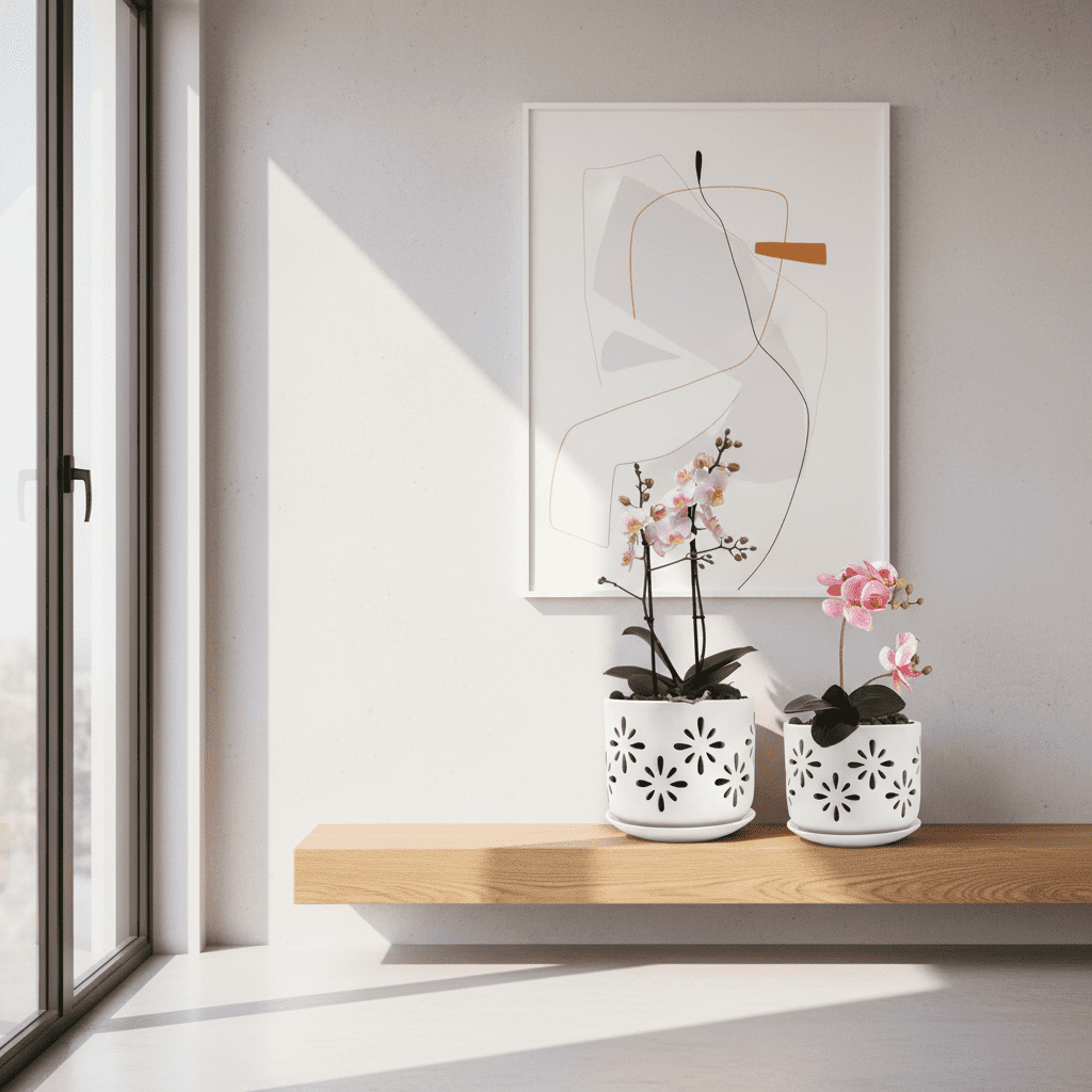 BUYMAX 5" & 6" Ceramic Orchid Pots with Holes and Trays, Blossom Geo Alabaster White, Set of 2