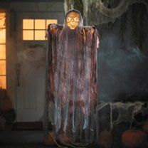 4 Ft. Hanging Orange Light-Up Skeleton Face Reaper Halloween Decoration