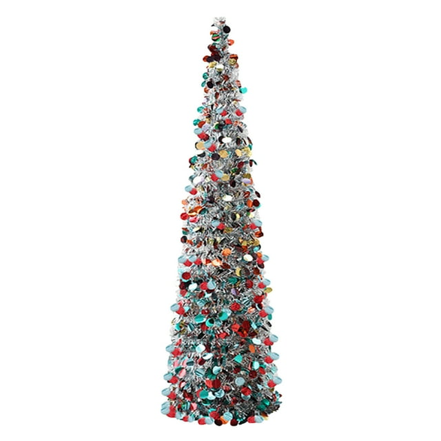 Forme de Pagode Ronde Colorée Rétractable Pliable Pop-Up Arbre de Noël 150Cm Matériau Plastique Métal Paillettes Décoration de Vacances