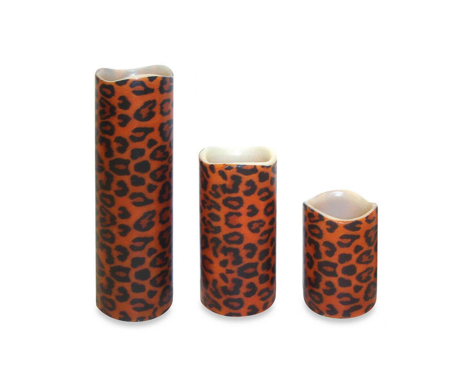 Set Of 3 Leopard Print Battery Operated Flameless Led Lighted Set Of 3 Leopard Print Battery Operated Flameless Led Lighted Flickering Wax Pillar Candle With Remote