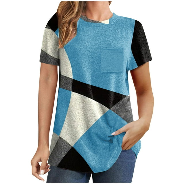 Diufon Hauts Grande Taille pour Femmes Printemps Été Manches Courtes Col Rond Chandail Décontracté Imprimé Blouses Amples