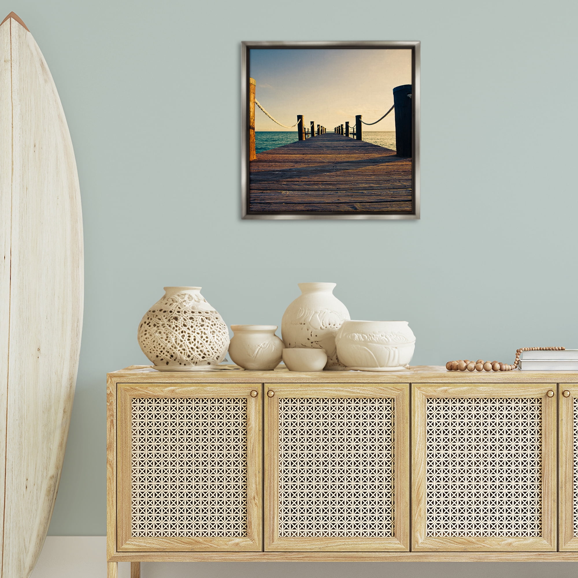 Stupell Industries Coastal Beach Dock Nautical & Beach Photography Gray Floater Framed Canvas Art Print Wall Art, 25 x 25
