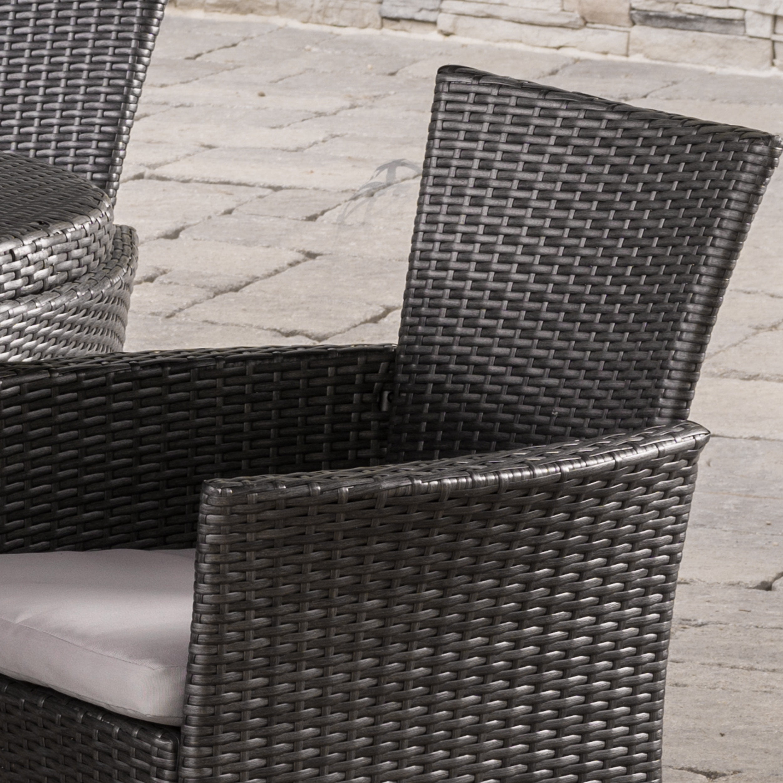 Victor Outdoor 7 Piece Wicker Oval Dining Set with Cushions, Grey, Silver