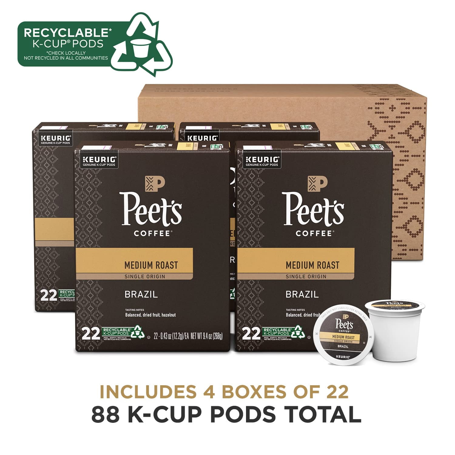 Peet,S Coffee, Medium Roast K-Cup Pods For Keurig Brewers - Single Origin Brazil 88 Count (4 Boxes Of 22 K-Cup Pods)