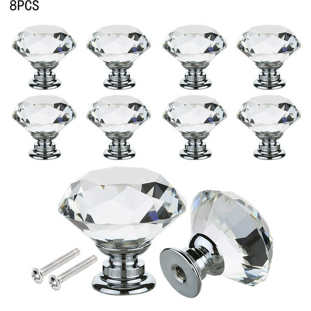 Walfront 8pcs Drawer Knobs 40mm Diamond Shape Crystal Glass
