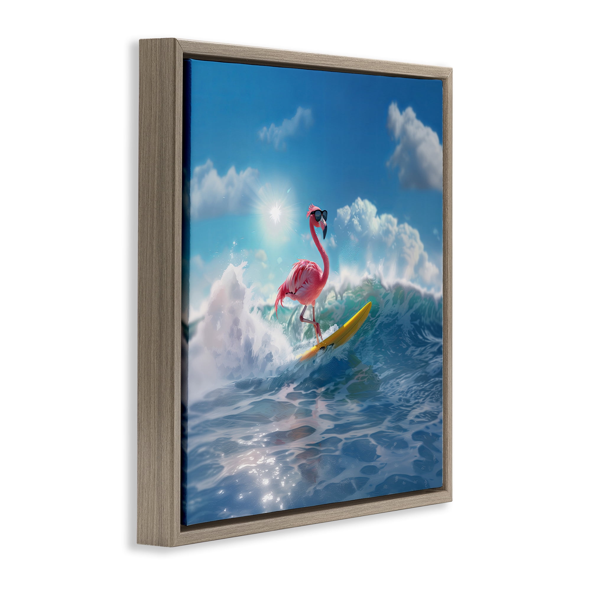Stupell Industries Flamingo Surfing White Caps Nautical & Beach Painting Brown Floater Framed Canvas Art Print Wall Art, 25 x 25