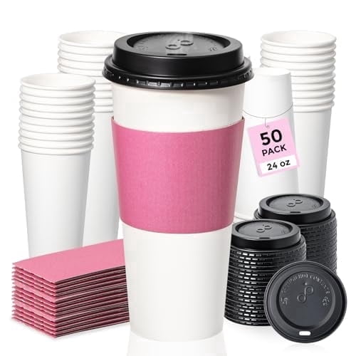 Fit Meal Prep 50 Pack 24 oz Disposable Coffee Cups with Lids and Pink Sleeves, Lead-Proof Sturdy To Go Coffee Cups with Lids, Pink Hot Paper Cups for Party, Wedding, Birthday (Black Lids)