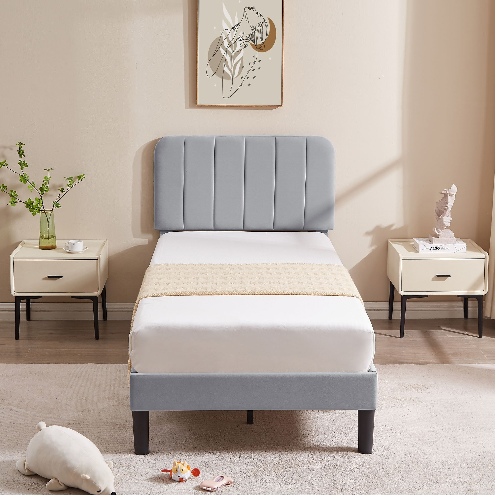 VECELO Twin Size Bed Frame, Upholstered Platform Bed Frame with Adjustable Headboard, No Box Spring Needed, Easy Assembly, Light Gray