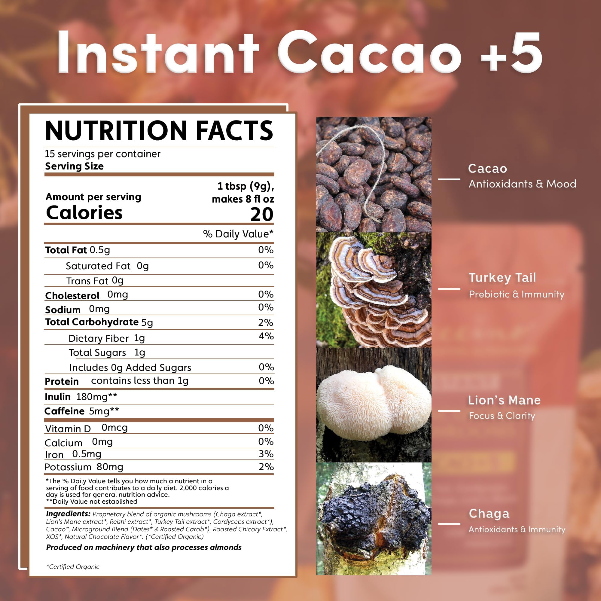 Miraculous Mushrooms Instant Cacao+5 Coffee Alternative by Teeccino – 15 servings - 5 Organic Adaptogenic Mushrooms with Cacao - Reishi, Lion’s Mane, Chaga, Turkey Tail, Cordyceps  - 4.7 ounces