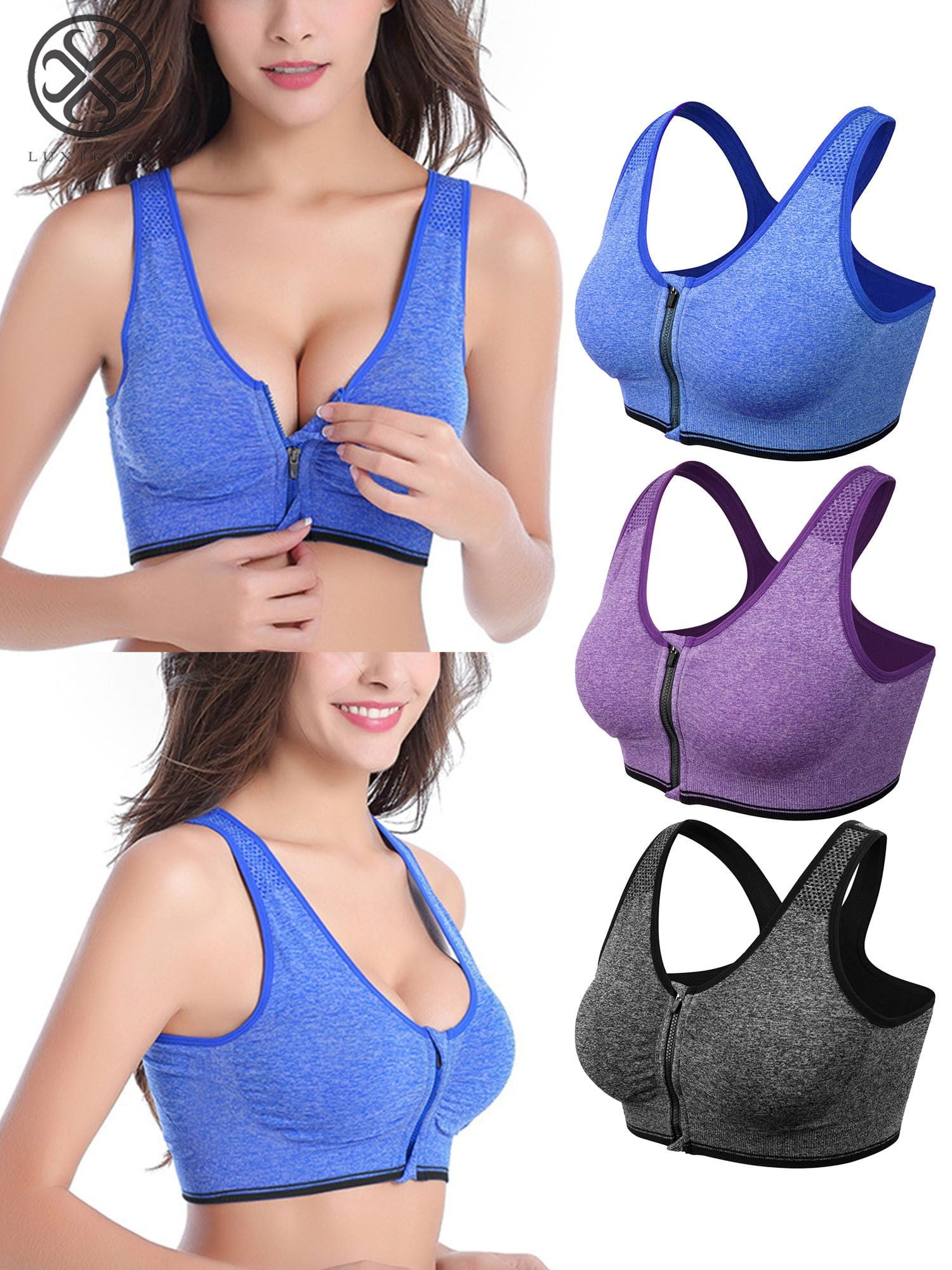Luxtrada Women's Yoga Sports Bras Training Stretch Tank Top High Impact Padded Bra Front Zipper