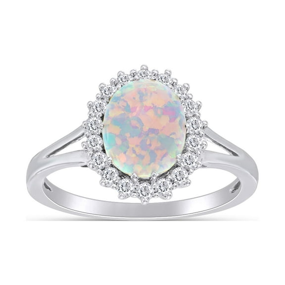 Oval Cut Lab Created Opal And Round Simulated White Sapphire Halo Cluster Split Shank Engagement Ring In 10k Solid White Gold Ring Size-7