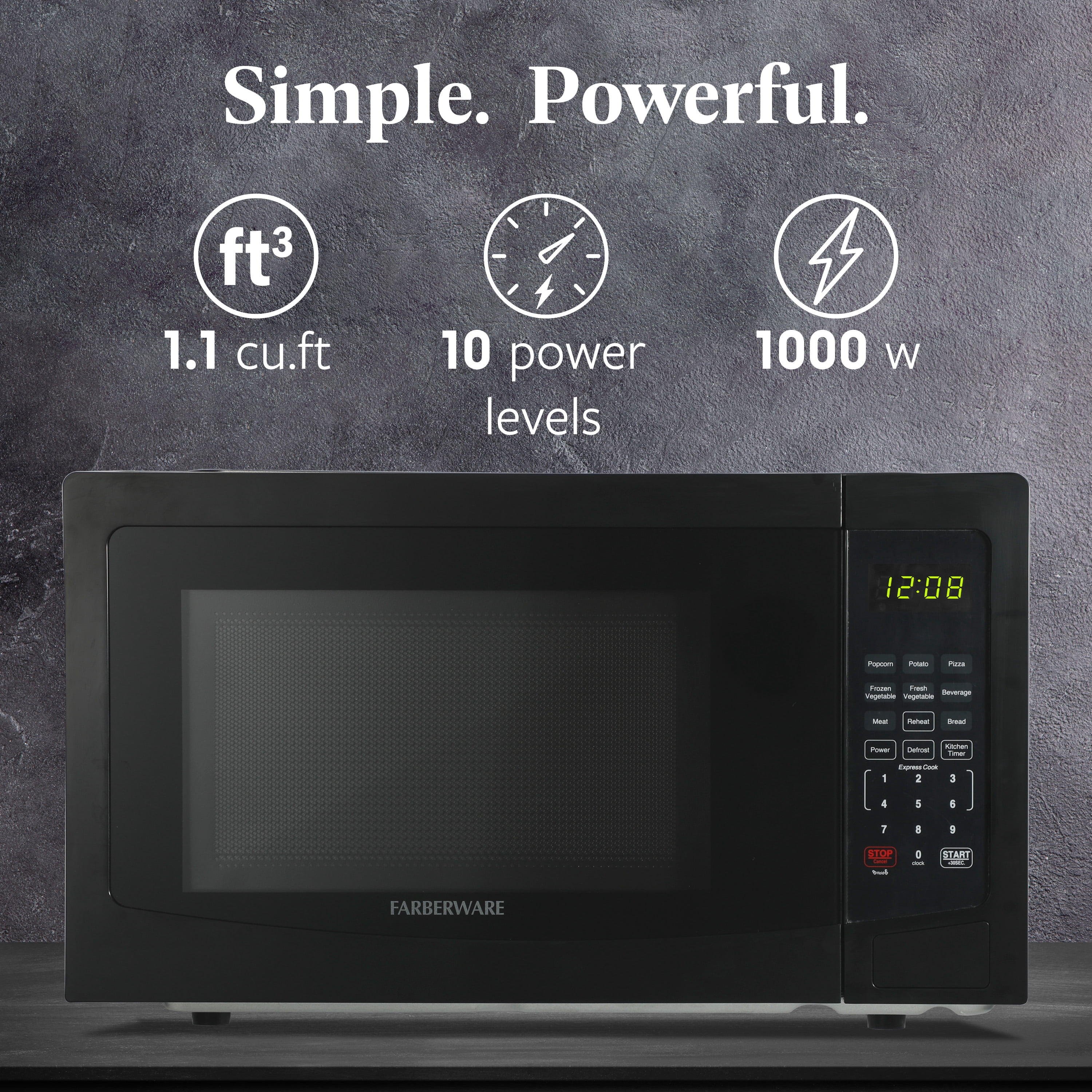 Farberware 1.1 cu ft Microwave Oven, 1000W Countertop Microwave Oven with 8 Auto Cook Programs, Black