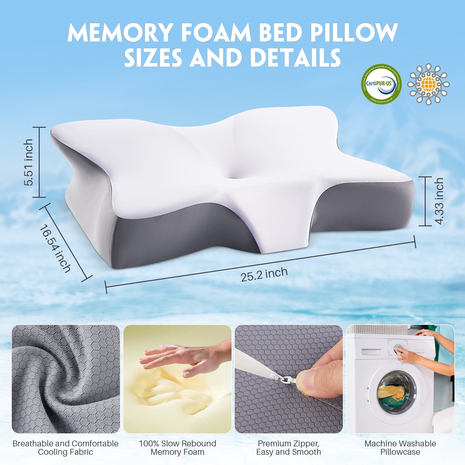 MOONORAH Cervical Memory Foam Pillow Neck Bed Pillow for Pain Relief Sleeping, Ergonomic Orthopedic for Side Back and Stomach Sleepers with Breathable Pillowcase, Queen Size 25" x 16.5" x 5.5" Gray